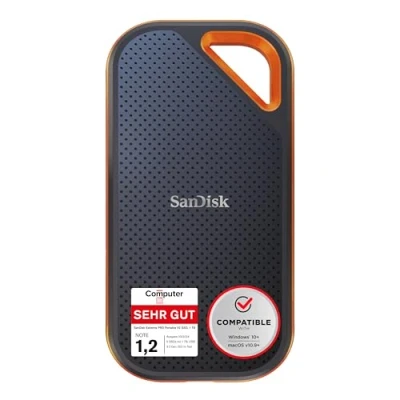 Obrázek Přenosný disk SSD Extreme PRO od SanDisk, 1 TB mobilní paměti (externí pevný s NVMe SSD, 2,5“, 2000 MB/s čtení a zápisu, nárazuvzdorný, šifrování AES, odolný vůči vodě prachu), černý