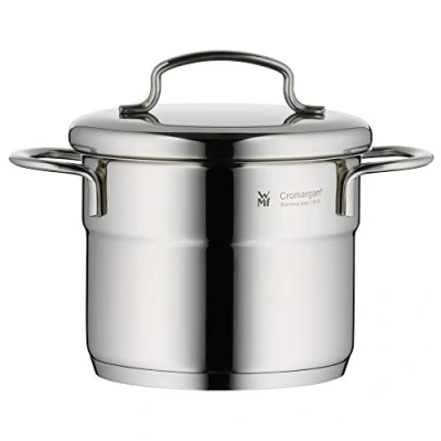 Obrázek WMF hrnec na vaření vysoký Ø 12 cm cca 1 l mini stohovatelný nalévací okraj kovová poklice Cromargan ušlechtilá ocel leštěná vhodná pro indukční desku do myčky nádobí