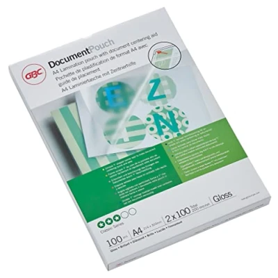 Obrázek GBC laminovací fólie A4 100 mic, robustní kapsy v balení po kusech, lesklé, průhledné, ideální do kanceláře a školy, 3740306
