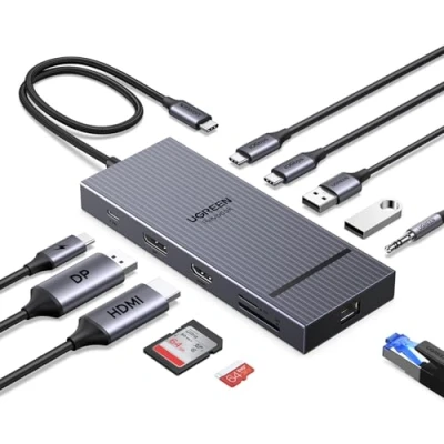Obrázek UGREEN Revodok Pro dokovací stanice 2 monitory HDMI &amp; DisplayPort 4K@120Hz, 10Gbps USB C, A, SD/TF, LAN, audio, 100 W PD kompatibilní s ThinkPad X1, HP Envy 17, XPS 15 a více