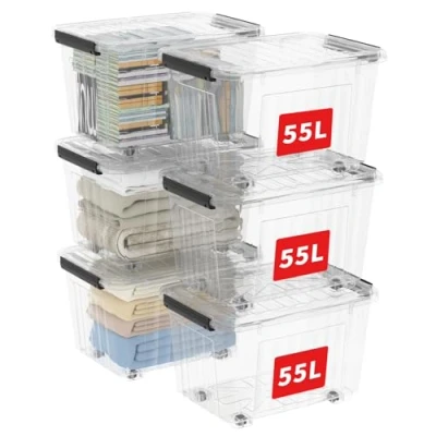 Obrázek Cetomo C5038 stohovatelný úložný box průhledná nádoba s víkem plast (polypropylen) transparentní 55,5 x 40,5 36 cm, 55 l, sada 6 ks