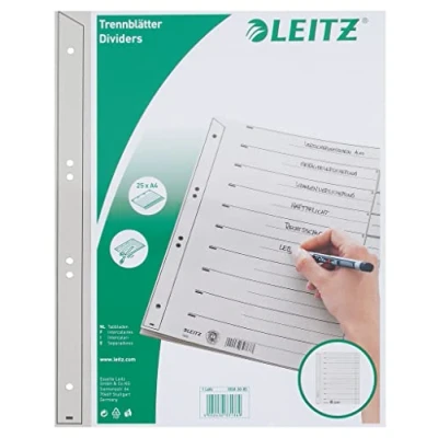 Obrázek Leitz Rejstřík pro A4, titulní list a 10 oddělovacích listů, záložky lze individuálně přistřihnout, 25 kusů, nadměrná šířka, šedá, 100% recyklovaný karton, 16503085