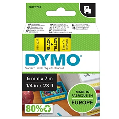 Obrázek Dymo S0720770 D1 etikety (samolepicí, pro tiskárnu LabelManager, role 6 mm x 7 m), černá na průhledné.