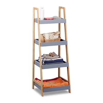 Obrázek Relaxdays, šedý bambusový koupelnový regál, 4 odkládací plochy, dřevěný stojací kuchyňský V x Š H 36 34,5 cm, standardní