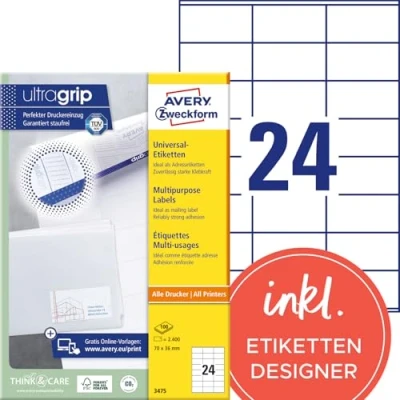 Obrázek AVERY Zweckform 3475 adresní nálepky (2 400 lepicích štítků, 70 x 36 mm na A4, papír matný, potištěné štítky pro odesílatele, samolepicí s ultragripem) 100 listů, bílé