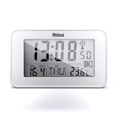 Obrázek Mebus digitální rádiový budík s měsíčním kalendářem, osvětlení, vnitřní teploměr, 2 časy buzení, funkce opakovaného buzení / materiál: Plast Barva: Bílá Model: 51461
