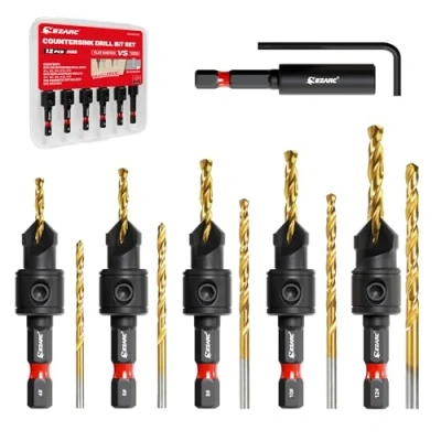 Obrázek EZARC Zápustný vrták do dřeva, 12dílná sada příklepových vrtáků pro zpracování #4, #6, #8, #10, #12, magnetický prodlužovací držák bitů s úložným boxem