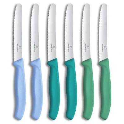 Obrázek Victorinox Swiss Classic, snídaňový nůž, sada nožů na pečivo, 6dílná, ostrá čepel, vlnitý brus, 11 cm, nerezová ocel, modrá a zelená