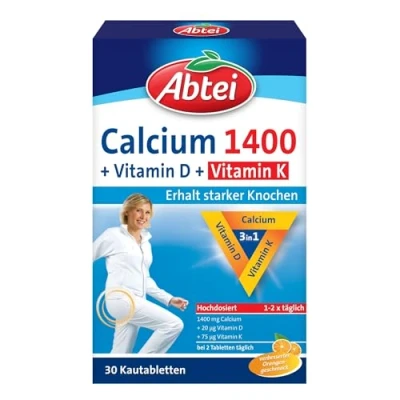 Obrázek Abtei Vápník 1400 + D K ve vysokých dávkách s vitamínem a pro udržení zdravých kostí svalové fukce pomerančová příchuť, 30 žvýkacích tablet