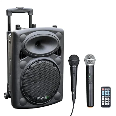 Obrázek Ibiza PORT10VHF BT přenosný reproduktor 10&quot;/500 W MAX se 2 mikrofony (kabelové a VHF), dálkové ovládání ochranné pouzdro Bluetooth, USB, SD výdrž baterie 5 až 7 h