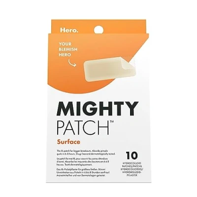 Obrázek Mighty Patch Surface záplaty na pupínky od Hero Cosmetics, XL hydrokoloidní náplasti, ošetření akné den i noc, 10 velkých náplastí obličej a tělo