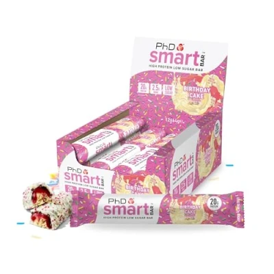 Obrázek PhD Nutrition Smart Bar Protein tyčinka 12 x 64 g narozeninový dort High Snack s 20 bílkovinami a malým množstvím cukru, makropřátelská proteinová