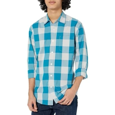 Obrázek Amazon Essentials Herren Lässiges langärmeliges Popeline Hemd Normale Passform, Blau Weiß Buffalokaros, XL