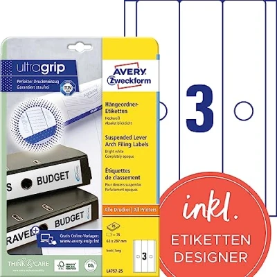 Obrázek Avery Zweckform L4757 25 závěsné samolepicích štítků na (A4, 75 kusů, 63 x 297 mm) Folio Bílá