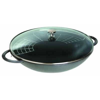 Obrázek STAUB Wok z litiny, Ø 37 cm, 5,7 l, vč. skleněné poklice a vyjímatelné mřížkové vložky, vhodné pro indukci, grafitově šedá