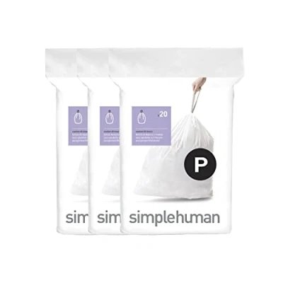 Obrázek simplehuman CW0263 Code P přesné pytle na odpadky, 50 60 litrů, 3 x balení po 20 (60 kusech), bílý plast
