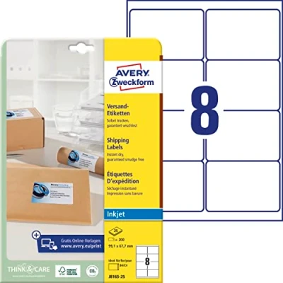 Obrázek AVERY Zweckform J8165 25 Dopravní etikety/expediční nálepky (200 etiket, 99,1 x 67,7 mm na A4, lze potisknout, samolepicí, pro inkoustové tiskárny, obálky DIN B4/C4) listů, bílá