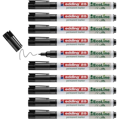 Obrázek edding 25 Ecoline Permanentmarker schwarz 10 Stifte Rund Spitze 1 mm schnell trocknender Permanent Marker wasserfest, wischfest für Karton, Kunststoff, Holz, Metall Universalmarker