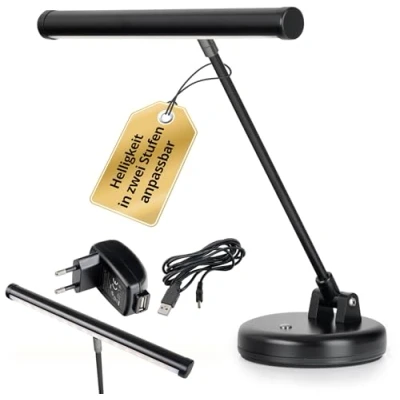 Obrázek Showlite PL 1BK LED lampa na klavír černá (klavírní lampa, 15 LED, 2 stupně, výška 36 cm, provoz přes USB, síťový proud nebo baterie)