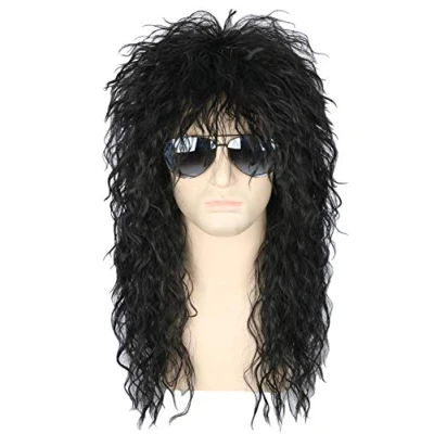 Obrázek Topcosplay Herren 80er Jahre Vokuhila Perücke Rocker Punk Popstar Schwarz Lange Lockig Mullet für Halloween Kostüm Fasching Karneval