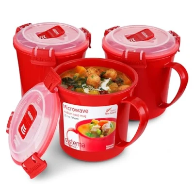 Obrázek Sistema Microwave Suppentasse, mittelgroß mikrowellenfeste Frischhaltedose 656 ml BPA frei rot 3 Stück