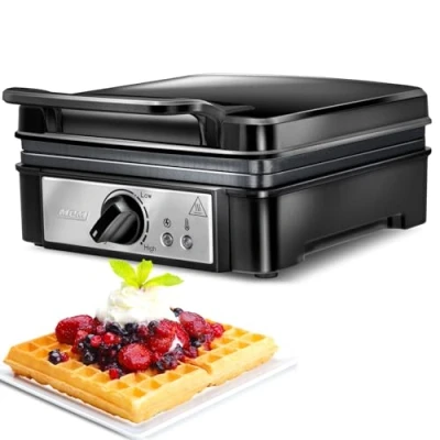 Obrázek MPM MGO24 Waffeleisen mit Platten für 2 Waffeln nach belgischer Art Dicke Waffel Viereckig Doppelt Antihaftbeschichtung und Thermostat 1400 W Elektrisch Schwarz