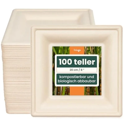 Obrázek HAAGO Prémiový jednorázový talíř z cukrové třtiny Bagasse (hranatý) 20 cm stabilní, biologicky odbouratelný, šetrný k životnímu prostředí a kompostovatelný (100)