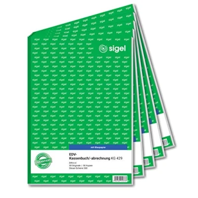 Obrázek SIGEL KG429/5 Pokladní kniha EDV, s DATEV spravedlivou konstrukcí: řídicí lišta 300, A4, 2 x 50 listů, balení 5 kusů, modrým papírem, ultra jemná mikroperforace