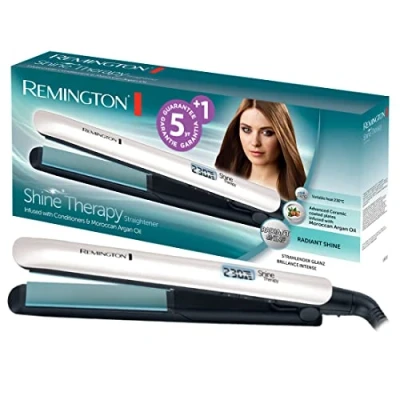 Obrázek Remington Žehlička Shine Therapy (kvalitní keramický povrch obohacený o mikroúčinné látky pro větší lesk marocký arganový olej a vitamin E) LCD displej, 150 230 C, žehlička na vlasy S8500