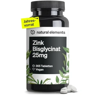 Obrázek Zinek 25 mg 365 tablet dobře snášený bisglycinát zinečnatý (zinkový chelát) veganský, vysoce dávkovaný, bez zbytečných přísad vyroben v Německu a laboratorně testován