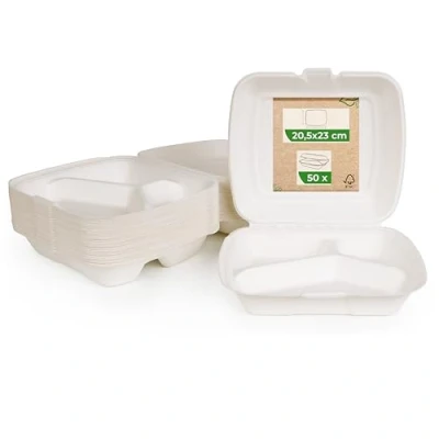 Obrázek Love Nature Ekologický jídelní box 3 dělené, 50 kusů jednorázové nádobí z cukrové třtiny jednorázový na menu Take Away balení to Go potravin