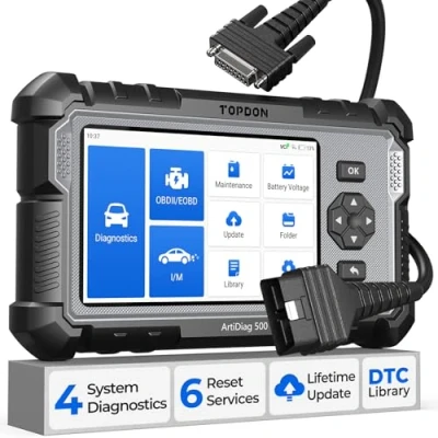 Obrázek TOPDON Diagnostický přístroj OBD2 Auto AD500, 4 systémové diagnostiky pro motor a převodovku ABS SRS, 6 servisních funkcí regulaci oleje, BMS, SAS, DPF, TPMS škrticí klapky, bezplatný životní