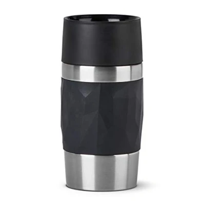 Obrázek Emsa N21601 Travel Mug Compact termohrnek z ušlechtilé oceli 0,3 litru 3 h horký 6 studený bez BPA 100% těsný odolný proti vytečení vhodný do myčky 360 otvor na pití černý