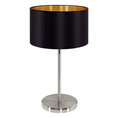 Obrázek EGLO stolní lampa Maserlo, 1 plamenná textilní lampa, na noční stolek z oceli a látky, barva: matný nikl, černá, zlatá, objímka: E27, vč. vypínače