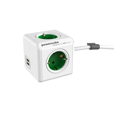 Obrázek Allocacoc PowerCube Extended USB 4x zásuvka, 2x USB, 1,5 m kabel, zelený