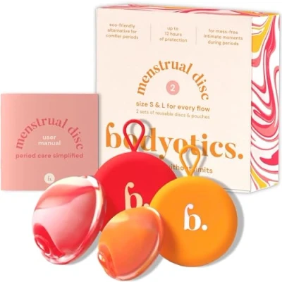 Obrázek Bodyotics Menstruations Discs wiederverwendbar, 2er Pack Größe S &amp; L Weicher als Menstruationstassen und für den Intimbereich geeignet Komfortables Disc Set mit 12 Stunden Tragezeit