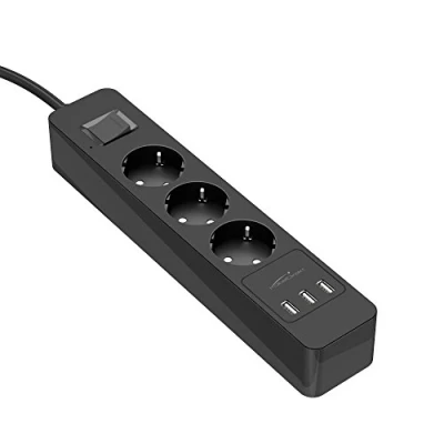 Obrázek KabelDirekt 3násobná zásuvková lišta, vícenásobná zásuvka A lišta s certifikací TÜV ochranou proti přepětí USB nabíječka (max. 4000 W/250 V/16 se zvýšenou