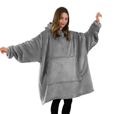 Obrázek Good Nite deka s rukávy pro ženy a muže Sherpa hebká přenosné deky dospělé Cosy Sweater přenosná teplá přikrývka nadměrná mikina kapucí kapsami šedá (80 x 85 cm)