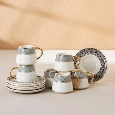Obrázek Karaca Globe turecké šálky na kávu sada s podšálkem pro 6 osob, 12dílná sada, šálků espresso a podšálků, mochatové šálky, cappuccino, kávového servisu z porcelánu