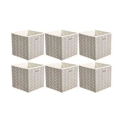 Obrázek Amazon Basics Skládací úložná kostka z látky s oválnými očky, balení po 6 kusech, zoubkovaný vzor v šedohnědé, 26,7 x 28 cm