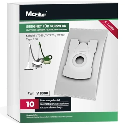 Obrázek McFilter 10 sáčků do vysavače vhodných pro Vorwerk Tiger 260, Kobold VT265 VT270 VT300 VT 265 270 300 Vysavač, 5vrstvý sáček z micro lies, krycí sklo s hygienickým uzávěrem