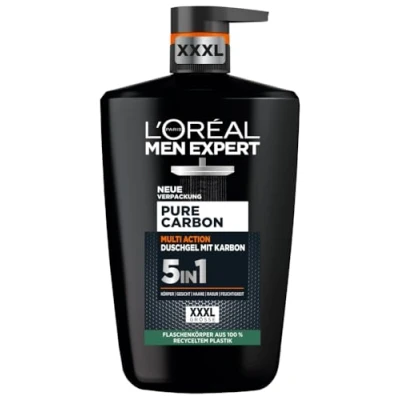 Obrázek L&#039;Oréal Men Expert XXXL 5v1 sprchový gel a šampon pro muže, k čištění těla, vlasů obličeje, pánská péče o tělo dlouhotrvající svěžest s karbonem, čistý karbon, 1 x 1000 ml