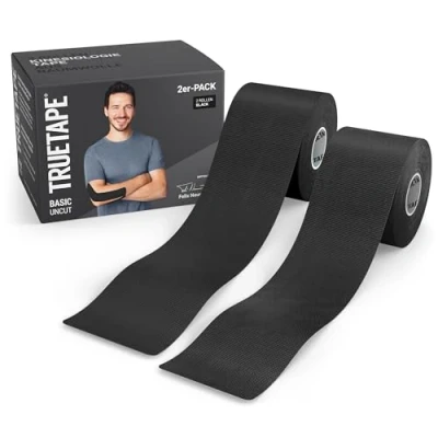 Obrázek TRUETAPE® Kineziotape BASIC Uncut Duo 2x role (5 m x 5 cm) nesestříhané vodotěsná &amp; elastická kineziologická páska fyziotape se silnou přilnavostí pro všední den a sport 2 černá