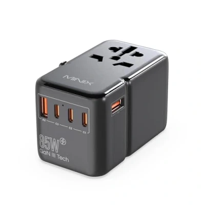 Obrázek MINIX Universal Reiseadapter, 85 W GaN III, internationaler Netzadapter, 3 USB C 2 A Anschlüsse, AC Steckdose, weltweites Reise Ladegerät für Laptops, Tablets, Handys und mehr.