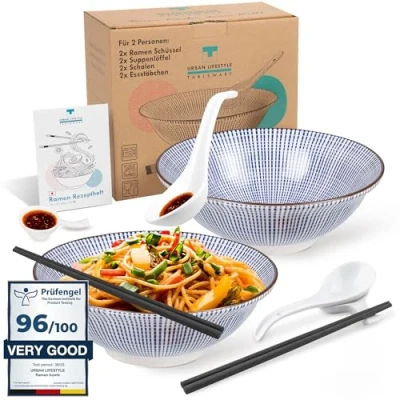 Obrázek Urban Lifestyle, Ramen Schüssel Dinner Set 2 osoby z porcelánu 20 cm objem 0,8 1 l miska na polévku salátová mísa Pho Polévka Bowl nudle Misky müsli