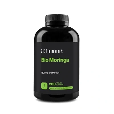 Obrázek Bio Moringa kapsle, vysoké dávkování: 1800 mg, 260 kapslí 100% Oleifera, certifikované Superfood laboratorně testováno, veganské a bez přísad Zenement