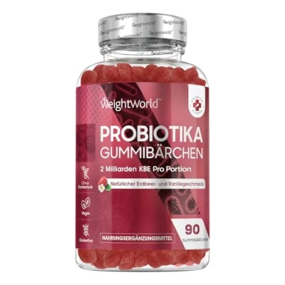 Obrázek Probiotika gumoví medvídci s inulinem 90 veganských kousků kmeny bakterií Bacillus Coagulans kulturní komplex 2 miliardami CFU přírodní jahoda a vanilková příchuť WeightWorld