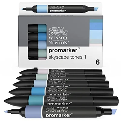Obrázek Winsor &amp; Newton 0290118 ProMarker, profesionální layoutmarker 2 hroty, jemné a široké pro kreslení, design rozvržení sada 6 barev nebe