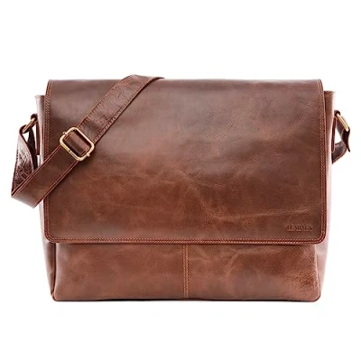 Obrázek LEABAGS Pánská a dámská kožená aktovka I pravá kůže Taška na laptop do 15 palců přes rameno Messenger Bag Pracovní pro učitele, Vintage koňak, České, dekonstruované,