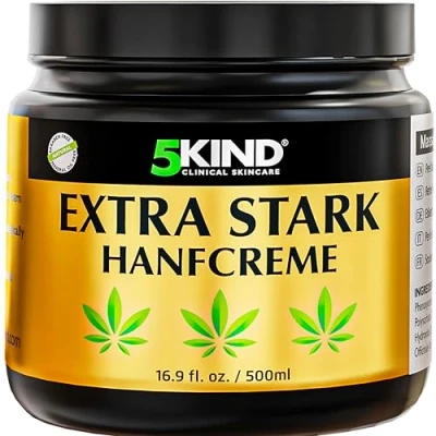 Obrázek 5kind Extrastarke Hanfcreme 500 ml Hochdosiertes Hanf Gel und Arnikacreme Wirkt gegen Rückenbeschwerden &amp; Muskelkater, beruhigt Füße, Knie, Nacken, Schultern Mit natürlichen Extrakten
